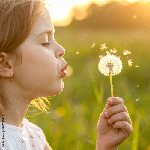 Young girl blowing dandelion seeds in a sunny field.