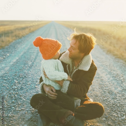 Young father holding toddler son on a gravel road, nostalgic family portrait in a rural setting, documentary style vintage for historical storytelling