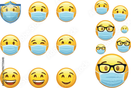 Emoji faces with medical masks collection vector illustration set of cute emoticons wearing face masks isolated on white background for healthcare and safety design