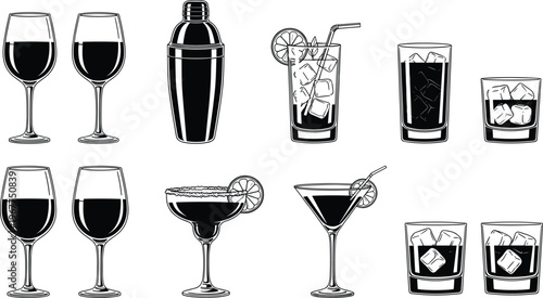 Diverse collection of black silhouette icons featuring various cocktail glasses, wine glasses, a shaker, and tumblers with ice, representing a wide range of popular alcoholic beverages.