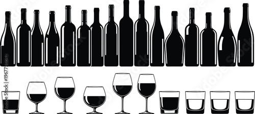 Comprehensive collection of black silhouette icons showcasing a wide array of wine bottles, liquor bottles, and various types of drinking glasses, perfect for bar menus or beverage concepts.