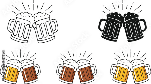 Various styles of beer mugs clinking in a celebratory toast, showcasing different colors and outlines for festive beverage concepts.