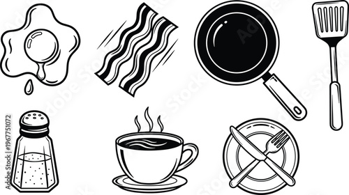 Collection of breakfast items including fried egg, bacon, frying pan, spatula, salt shaker, and coffee cup, in a clean line art style.