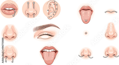 Facial Piercing Collection with Lips Nose Eyebrow Ear and Tongue Jewelry Set Realistic Body Modification Elements Isolated on White Background
