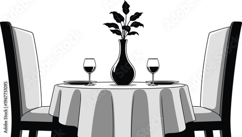 Elegant table setting for two with chairs, tablecloth, plates, wine glasses, and a plant, perfect for a romantic dinner or special occasion.