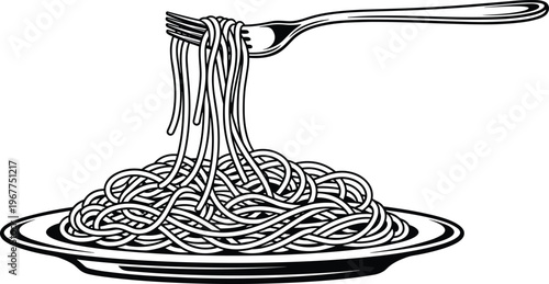 Black and white vector of spaghetti twirled on a fork, served on a plate, for a delicious Italian pasta meal.