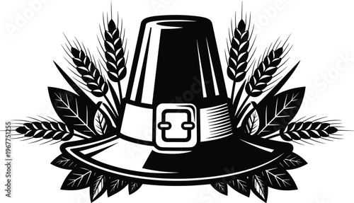 Black and white vector of a pilgrim hat, wheat, and leaves, symbolizing Thanksgiving, harvest, and American heritage.