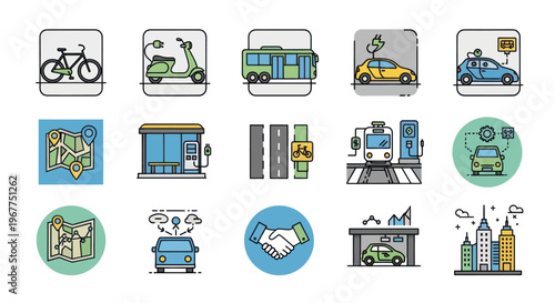Sustainable Urban Mobility Icons: Eco Transport, City Navigation & Smart Technology