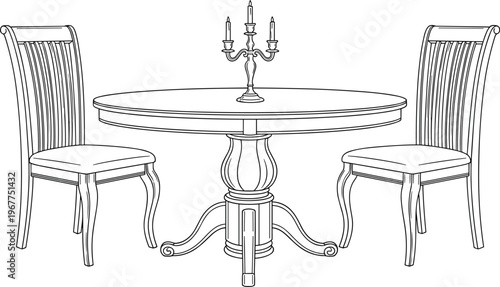 Elegant line art illustration of a classic round dining table with two ornate chairs and a decorative candelabra, perfect for interior design concepts or restaurant themes.