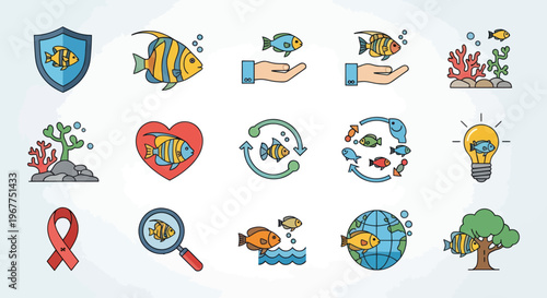 Marine Life Conservation Icons: Fish, Ocean, Nature, Protection, Recycle, World