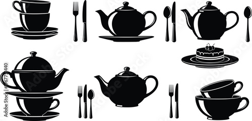 Collection of elegant black silhouettes featuring various tea and coffee sets, teapots, cups, saucers, cutlery, and a dessert cake, ideal for menu design or cafe branding.