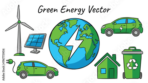 Sustainable Ecology Vector Icon Collection with Electric Vehicle Solar Power Wind Energy and Earth for Environmental Campaigns