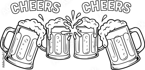 Black and white vector illustration of four beer mugs clinking together with splashing foam and 'CHEERS' text, symbolizing celebration and festivity.