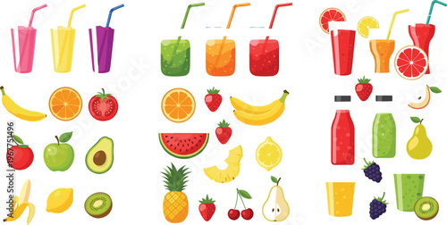 Fresh Fruit and Juice Collection with Smoothies Citrus Drinks and Tropical Fruits Colorful Healthy Food Set Isolated on White Background