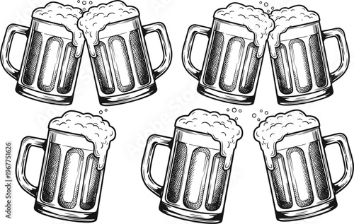 Abundant vintage engraved illustration featuring six traditional beer mugs overflowing with frothy foam, ideal for festive pub or brewery promotions.