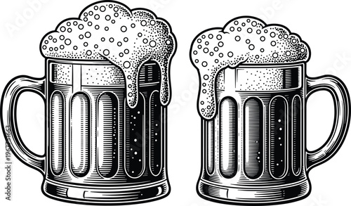 Vintage engraved illustration of two traditional beer mugs overflowing with frothy foam, perfect for pub menus or Oktoberfest designs.