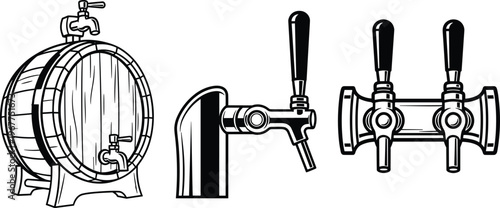 Monochrome vector of a wooden beer barrel with a tap, and two distinct beer tap designs, ideal for pub or brewery ads.