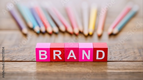 BRAND text blocks surrounded by colorful pencils on desk