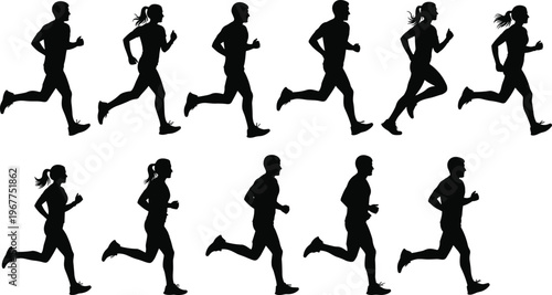 Silhouette, runners, jogging, men, women, athletes, fitness, exercise, marathon, training, cardio, healthy, lifestyle, movement, workout, speed, motion, active, people, group.