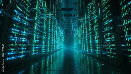 Data Center Corridor with Glowing Green Servers and Futuristic Technology