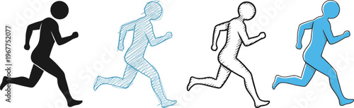 Silhouette, sketch, outline, icon, running, man, athlete, fitness, exercise, jogging, marathon, movement, speed, active, training, lifestyle, design, vector, set, collection.