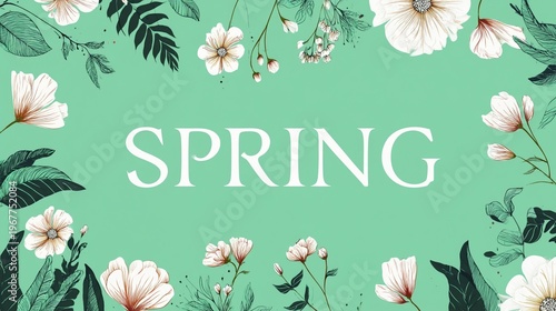 Spring floral background with white flowers and green leaves