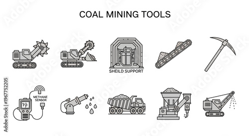 Set of ten gray and black line icons depicting various coal mining tools and equipment