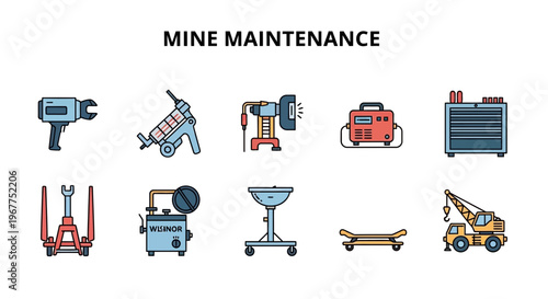 Set of ten colorful flatstyle icons illustrating mine maintenance tools and equipment