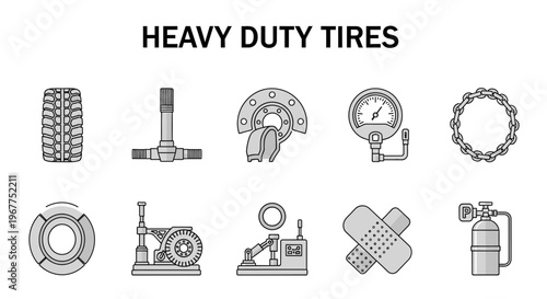Graphic icons illustrating heavy duty tire components and related tools