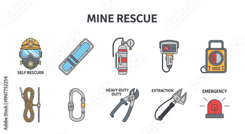 Collection of icons illustrating mine rescue equipment and alerts