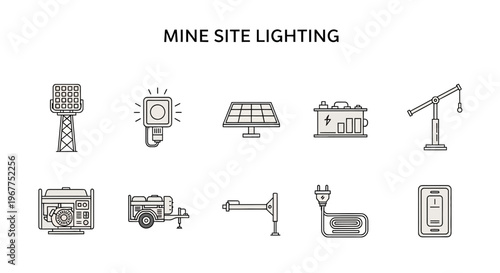 Line art icons illustrating mine site lighting equipment and power sources