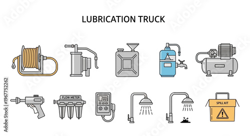 Ten icons illustrating components of a lubrication truck in two rows