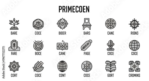 A grid of eighteen monochrome icons labeled with unique short names