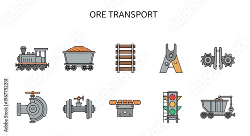 A collection of ten flatstyle icons related to ore transport machinery and infrastructure