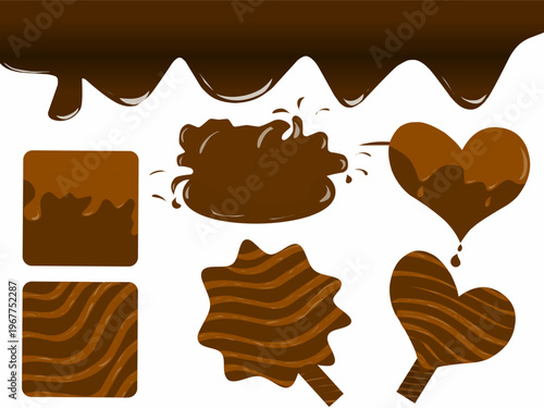 A collection of wavy chocolate and chocolate candies. Hand-drawn image of melted chocolate with chocolate candies of various shapes.