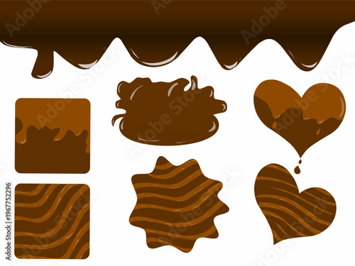 A collection of wavy chocolate and chocolate candies. Hand-drawn image of melted chocolate with chocolate candies of various shapes.