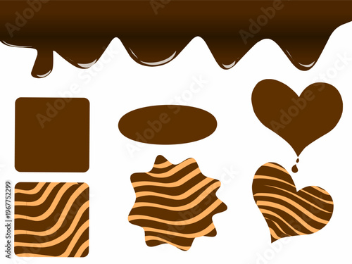 A collection of wavy chocolate and chocolate candies. Hand-drawn image of melted chocolate with chocolate candies of various shapes.