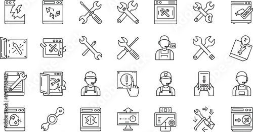 Appliance repair and maintenance line icon set featuring technician tools fixing service diagnostics and home equipment symbols