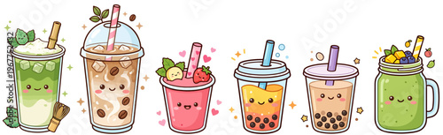 Vector clip art collection of cute kawaii drinks, summer drinks icons, including boba tea, matcha, coffee and smoothies, with adorable faces, isolated, no background