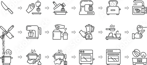 Cooking process and kitchen appliance line icon set featuring food preparation steps utensils and home cooking workflow symbols