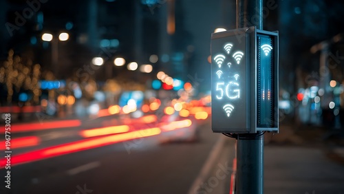 Advanced 5G wireless technology symbol illuminating a bustling modern city street at night