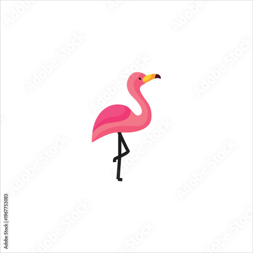 Pink Flamingo Standing on One Leg Minimal Flat Illustration Isolated on White Background