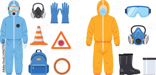Hazmat Protective Equipment Collection with Safety Suit Mask Gloves Boots and Biohazard Warning Set Isolated on White Background