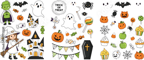 Halloween elements collection vector set with cute ghosts pumpkins witches candy and spooky decorations isolated on white background for holiday design