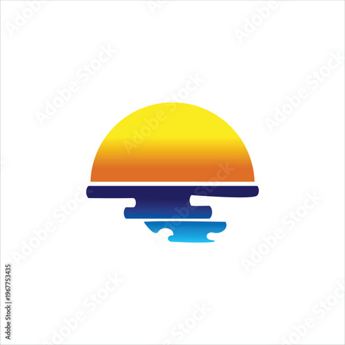 Minimalist Sunset Over Ocean Icon Illustration, Colorful Gradient Beach Sunset Design