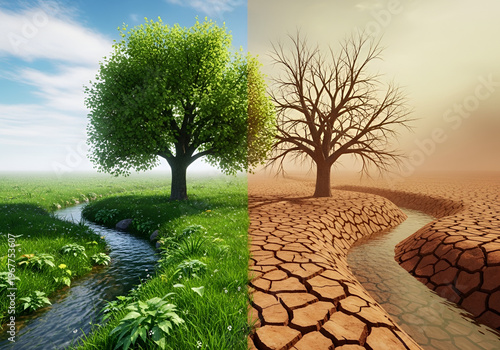 Climate change concept lush green tree and dry barren tree side by side with flowing stream and cracked earth