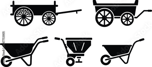 Traditional carts and wheelbarrows utility icons set with utility cart with hand truck with garden tool