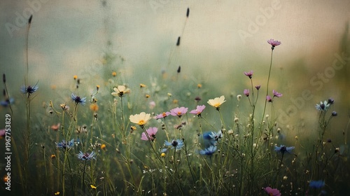 Colorful wildflower texture in meadow field natural background