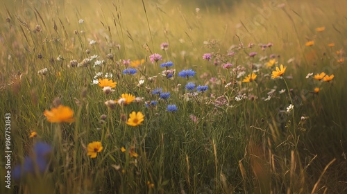 Colorful wildflower texture in meadow field natural background