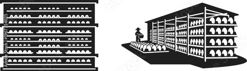 Industrial storage racks with packed items and a warehouse worker with supply chain with distribution center